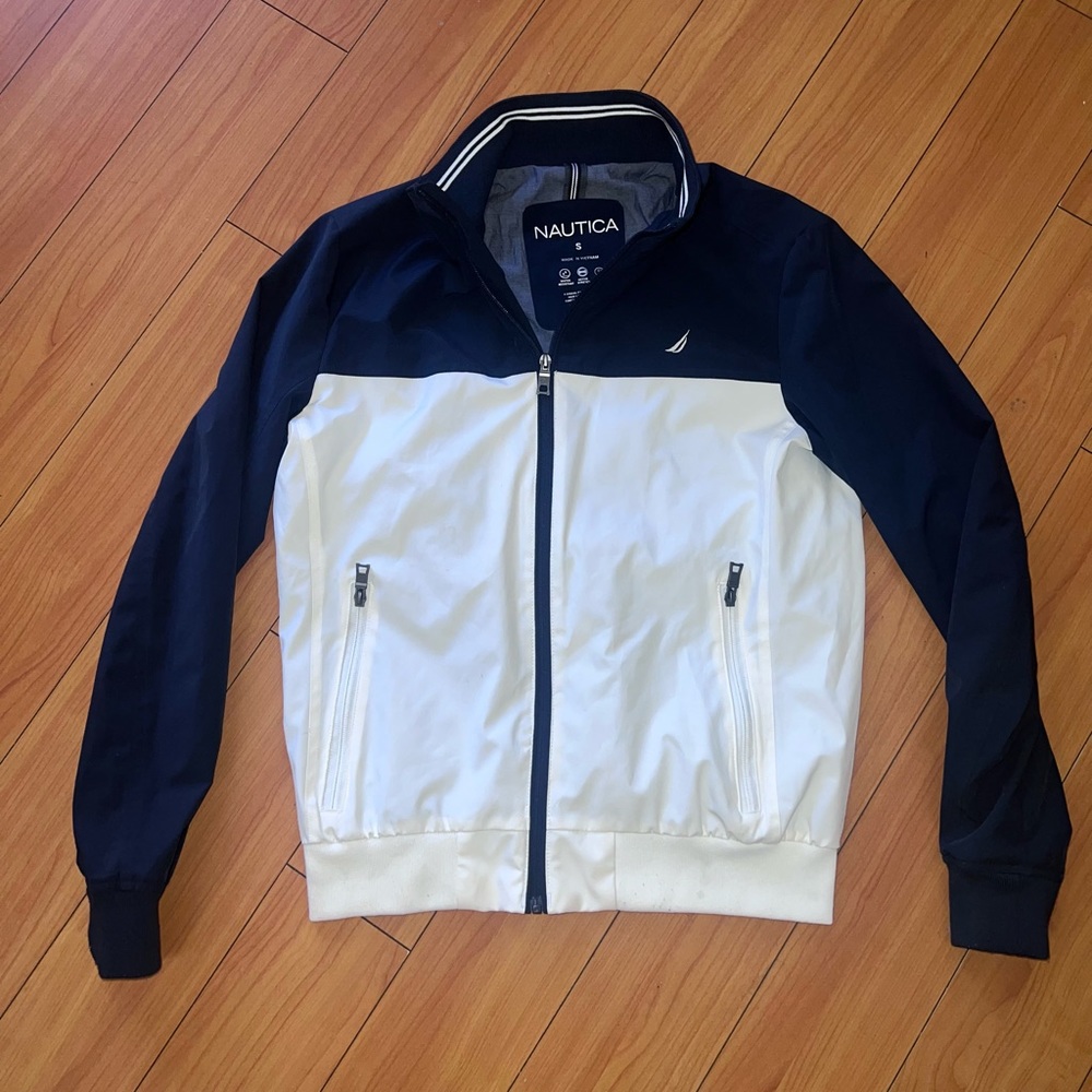 Nautica Zip Up Jacket Mens Small Blue White Stretch Water Resistance